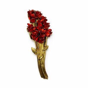 Vintage DM 1997 Red Enamel Floral Brooch Gold Tone Bouquet Pin